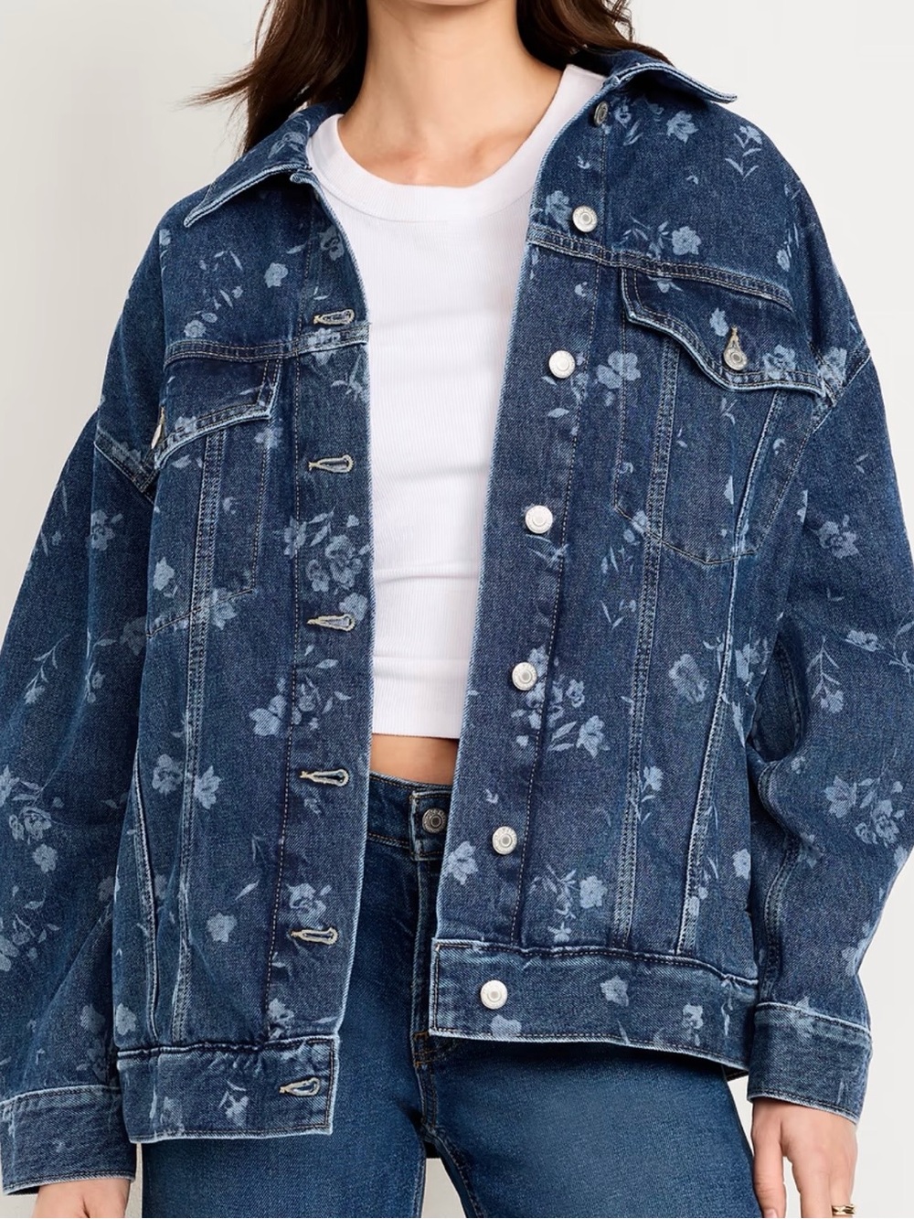Old Navy Oversized Floral Print Dark Blue Denim Jacket NWT